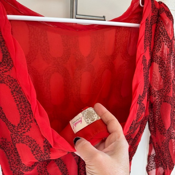 Vintage Tracy Reese Red and Black 100% Silk Dress XS Embroidered Scoop Back - Picture 6 of 9